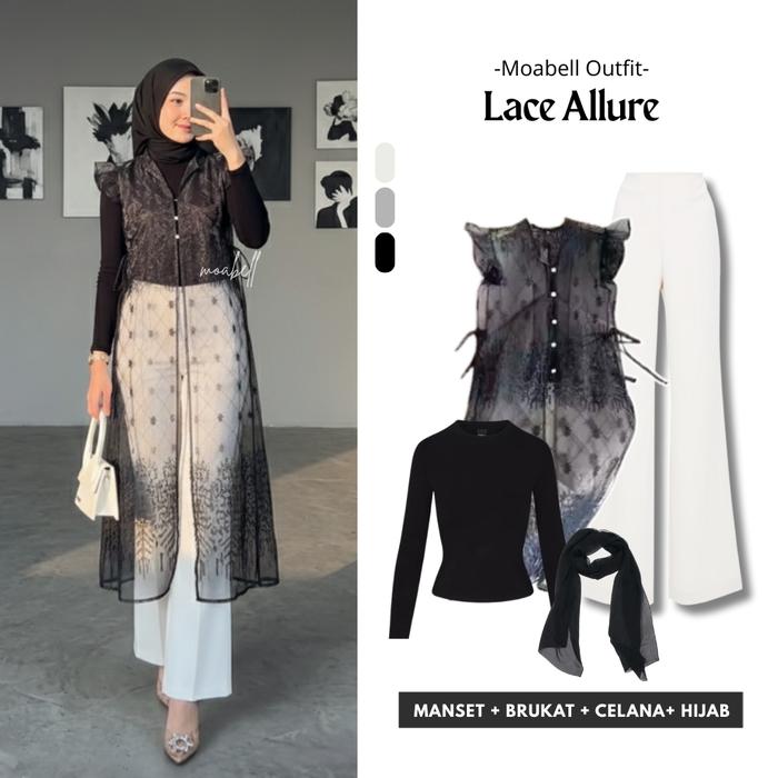 Lace Allure One Set Lengkap Long Vest Brukat Brokat Kondangan Setelan Wanita Baju Lebaran Midi Dress