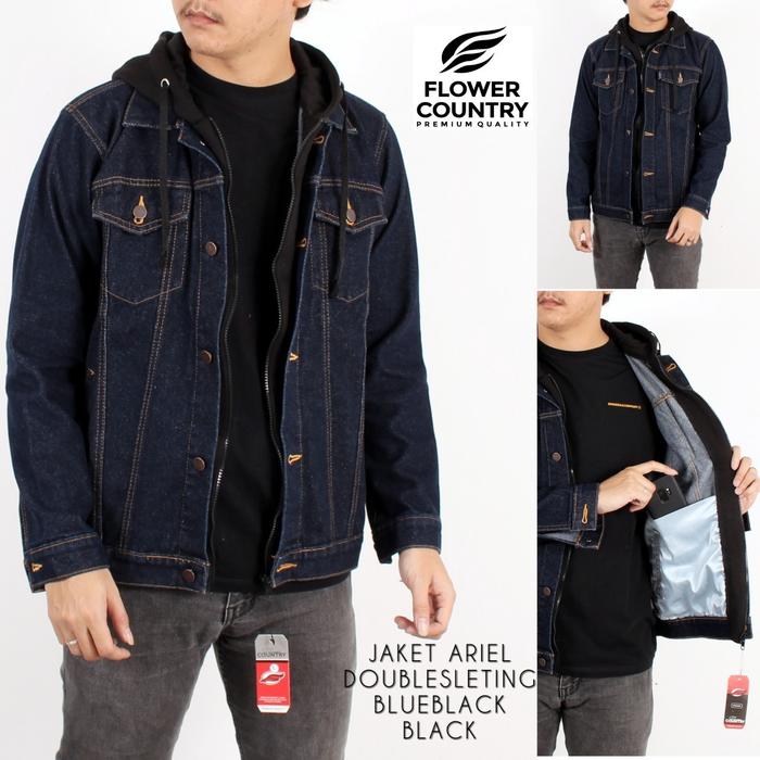 JAKET JEANS PRIA ARIEL DOUBLE SLETING ORIGINAL FLOWER COUNTRY Denim Kerah