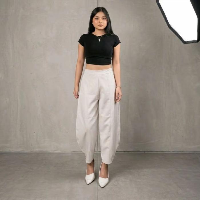 ZONA QIU - Celana Barrel Pants Wanita - Celana Panjang Wanita Semiwoll Luxury