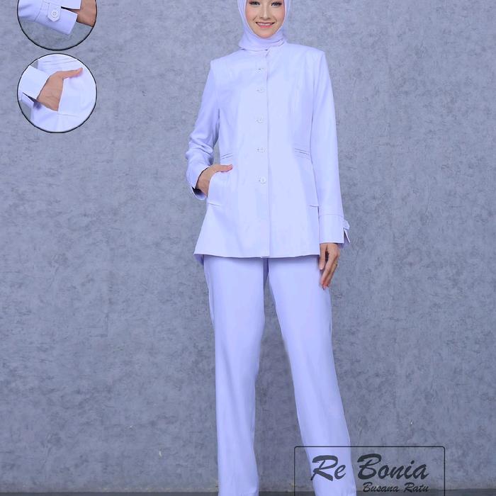 re bonia baju dinas ASN,PNS wanita putih , Seragam Kerja putih, Setelan celana putih putih , Blazer 