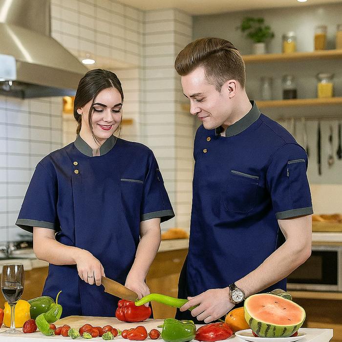 Yuna Baju Chef Koki Pria Wanita Bahan Drill Premium Pendek Dewasa Atasan Casual Kerja Seragam Kain K