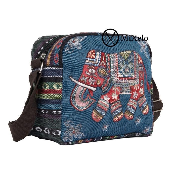 Tas selempang kanvas tenun motif 2 sisi tas thailand gambar gajah qualitas premium bahan tebal dan j