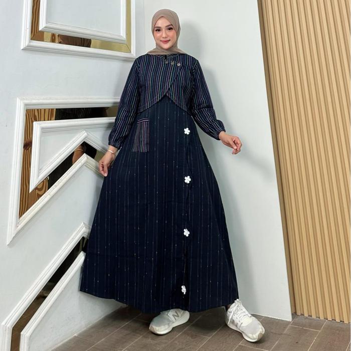Aralie Gamis Jeans Rompi Salur Fashion Muslim Wanita Kekinian