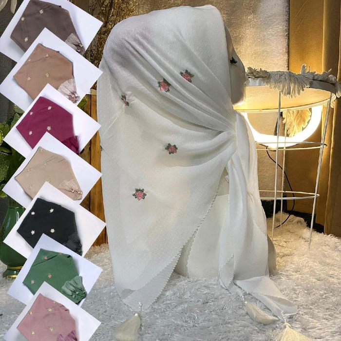Hijab Triple Rose Segi empat bordir sulam// Jilbab Pottonstar jambul Mutiara  Mewah