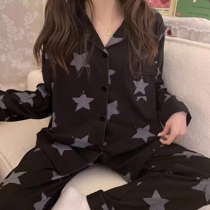 Plus Size Faux Cotton Pajamas Women Long Sleeves Trousers Black Luxury Star Print Loungewear Cardiga