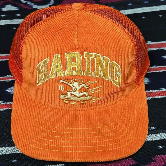 Topi Keith Haring x Mad Engine Trucker Hat Cap Orange Corduroy Stitched Snapback Second Original