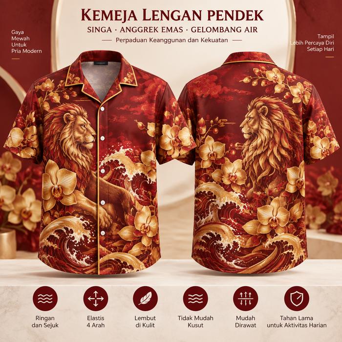 Kemeja Lengan Pendek Pria Warna Merah Motif Singa Anggrek Emas dan Gelombang Air, Kerah Rebah Kancin