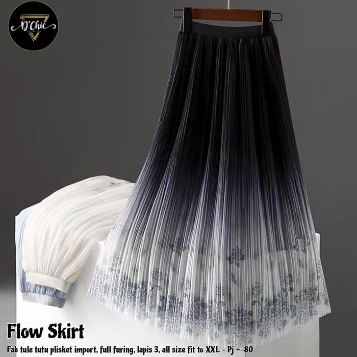 D'chic Flow Skirt. Rok Plisket tutu tule Import. Motif Bunga . Fit to XXL. Bisa Cod. Fashion Wanita 