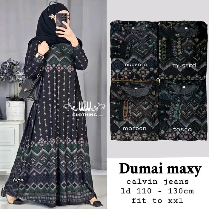 DUMAI MAXY GAMIS HITAM MOTIF BUNGA TERBARU JUMBO XXL CALVIN JEANS DRESS IBU SIMPLE ELEGAN KEKINIAN T