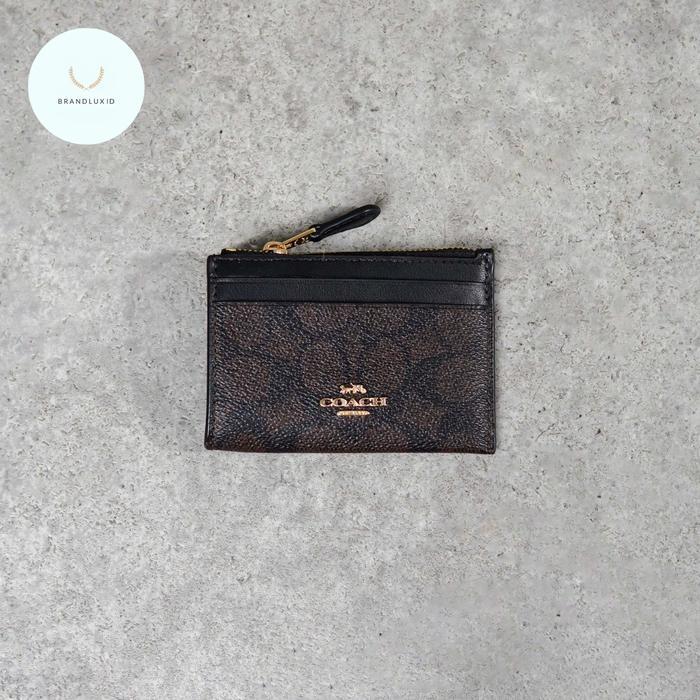 Coach Monogram GHW Zip Card Holder in Black , Dark Brown & Brown