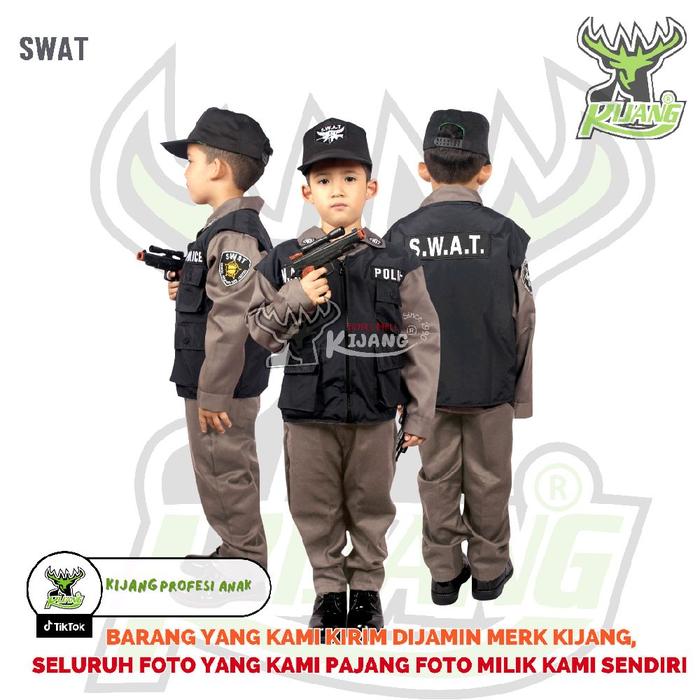 KIJANG Kostum Profesi SWAT bisa untuk cowok atau cewek komplit baju, celana, rompi, topi, Special we