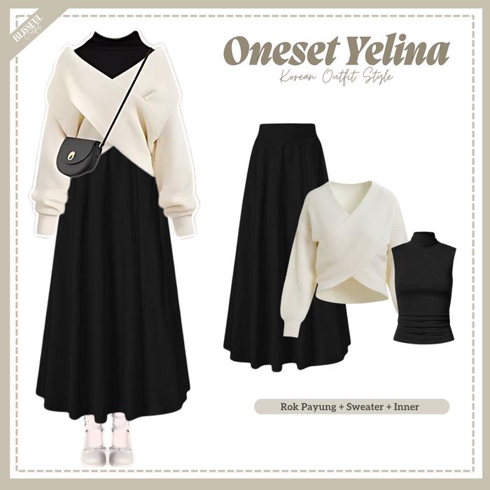 Yelina One set Outfit Wanita ( Atasan Outer Sweater Cross sama Inner + Bawahan Rok Joda Payung Hitam