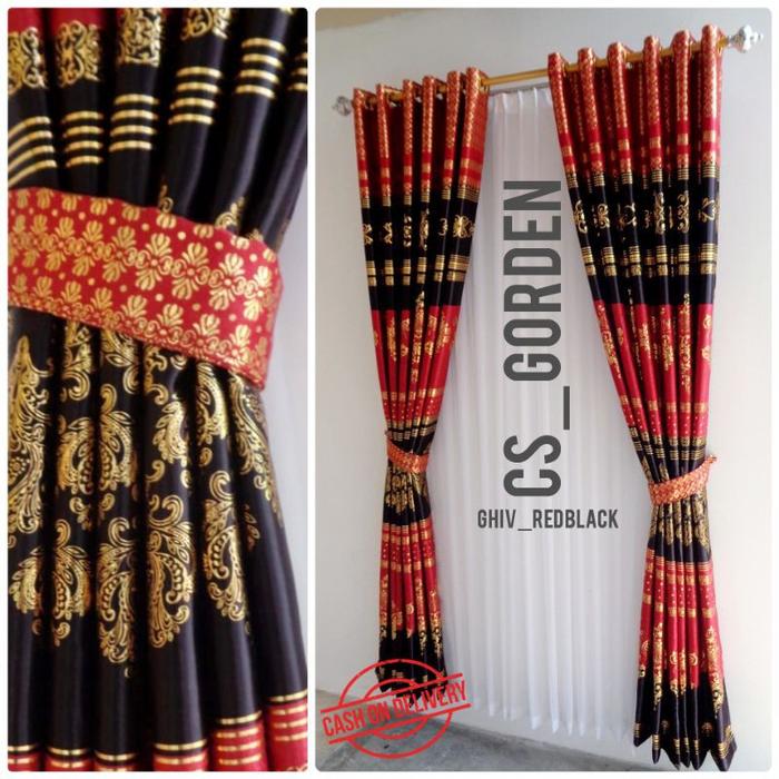Gorden Pintu Dan Jendela Minimalis merah crem print emas 5 gelembung model semokring tinggi 225 cm