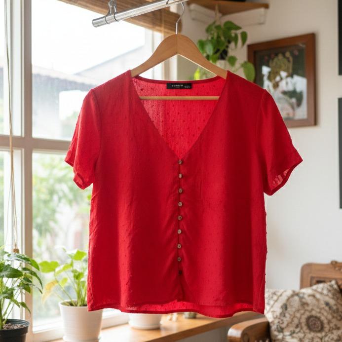 Ruby Red Textured Blouse - Atasan Wanita Vintage Button-Up