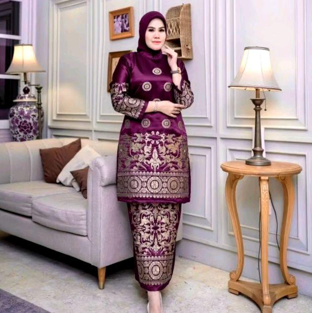 Setelan Baju Kurung Melayu Bordiran Annisa Tunik Panjang dengan Rok Satin + Free Hijab dari PUSAT KE