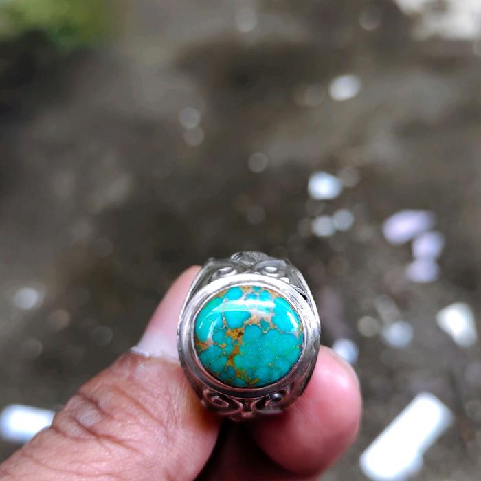 cincin batu pirus Persia lawasan warna hijau serat emas ring perak pesanan super