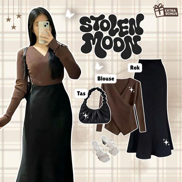 one set 3in1 tas kerut + blouse silang + rok duyung | ootd outfit cewek wanita anak perempuan remaja