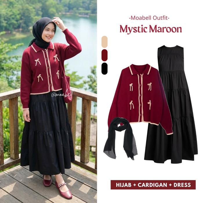 Mystic Maroon Vibe Ootd One Set 3in1 Cardigan Rajut Super Premium Inner Dress Ruffle Hitam Free Hija