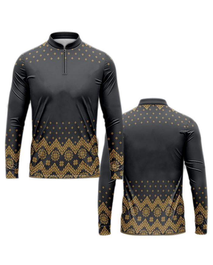 Baju Koko Jersey Dewasa Muslim Oriental HITAM EMAS 07 Full Print dengan Kerah Ciangi - Pria, Pendek