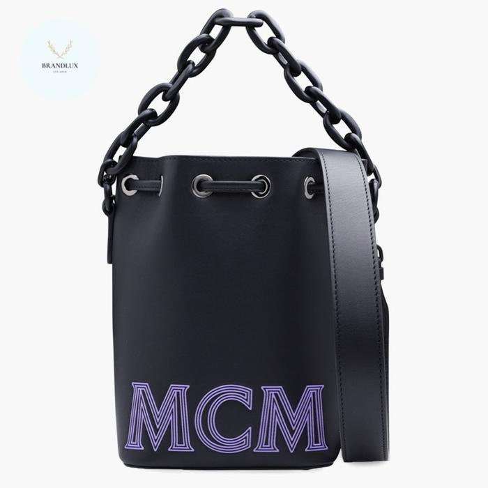 MCM MINI DRAWSTRING BUCKET BAG IN BLACK WITH CHAIN HANDLE