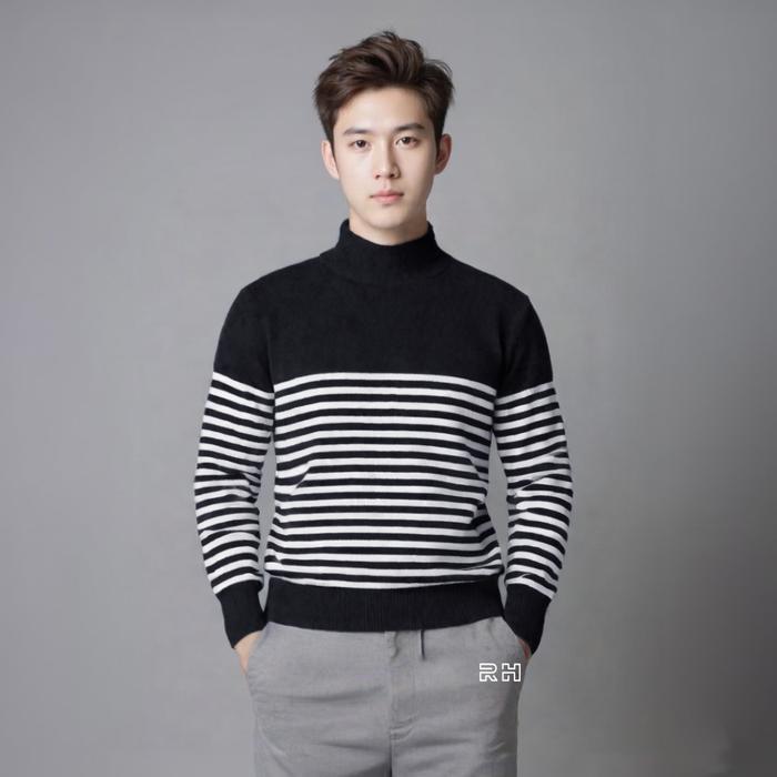 SWEATER RAJUT PRIA DEWASA LENGAN PANJANG TURTLENECK KOREAN STYLE - MOTIF BELANG HITAM STRIP PUTIH RH