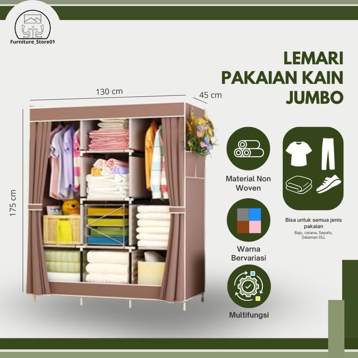 Lemari Pakaian Kain Portable Jumbo 88130 Kerangka Besi ada Resleting
