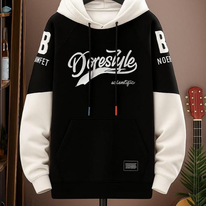 Sweater Hoodie Pria Remaja Dorestyle Katun Lembut Switer Hodie Cowok Fleece Motif - Hitam, M