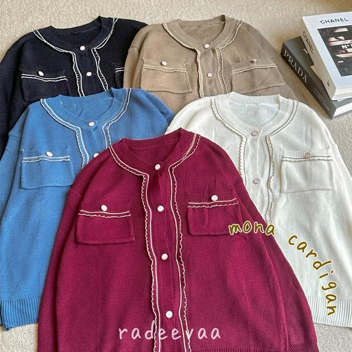 Mona Cardan Button Mutiara Knit Atasan Rajut Cardi Wanita Kantong Aesthethic Korean Style