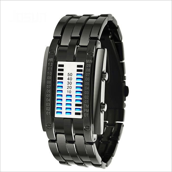 J88 FNGEEN Jam Tangan Pria Digital Biner LED Ironman Fashion Keren Digital Bercahaya Stainless Steel