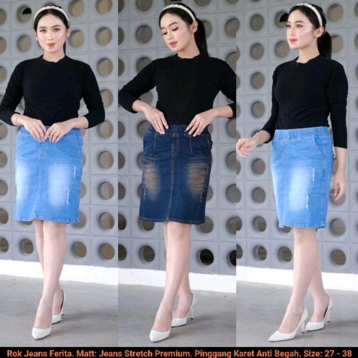 Rok Jeans Pendek Ferita pinggang karet anti begah Nyaman Stretch onder