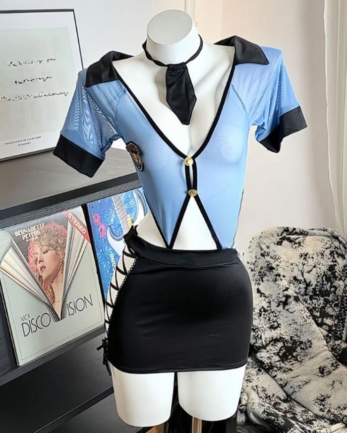 MISSLINJE Setelan Baju Lingerie Cosplay Sexy Police Set Jumpsuit dan Rok / Set Kostum Polisi Seksi W