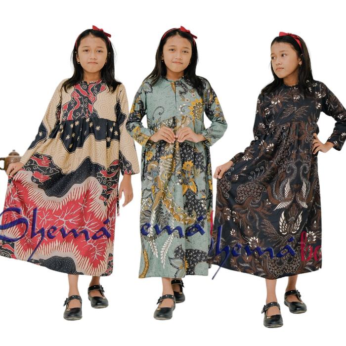 Baju Gamis Batik Anak Muslim Model Gaun Kondangan - Dress Katun Nyaman Biru Panjang Syari Motif Vari
