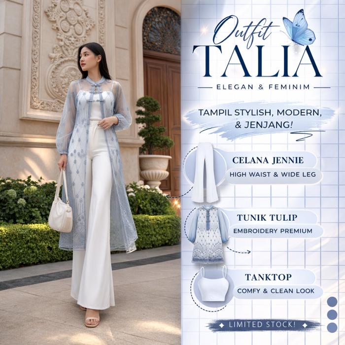 ONE SET Talia 3in1 Celana Cutbray Putih Scuba Premium + Tunik Brukat Tulip Denim Biru + Tanktop Crop