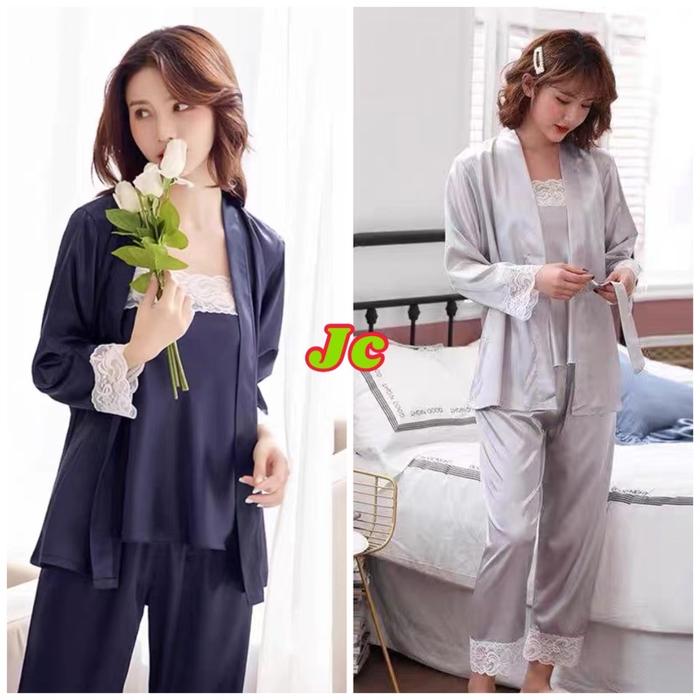 JC- Set Kimono Satin 3in1 Import PP / Kimono sleepwear / Kimono Satin Set 3in1 Import Korea / Piyama