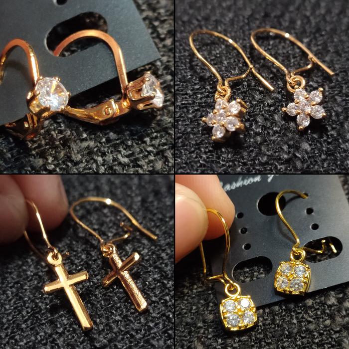 XUPING Anting Gantung Wanita Warna Gold Motif Bunga Kotak Salib Berlian Jual Giwang Dewasa Kait Emas