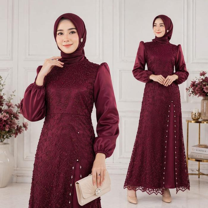 DRESS MAHIRA Gamis Maxi Semi Duyung Organza Saten Brukat Mewah 6 Warna M L XL