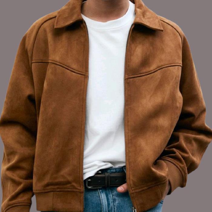 Jaket Bomber Pull and Bear Kerah Suede Original Cokelat