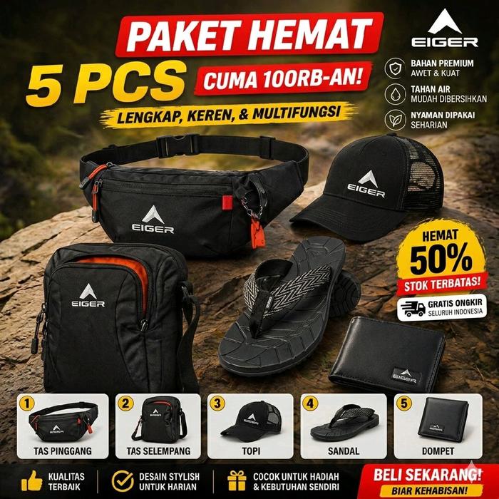 Sandal Gunung Outdoor Pria Original Paket Komplit 5 Pcs | Sendal Anti Slip • Tas Selempang • Topi Ja