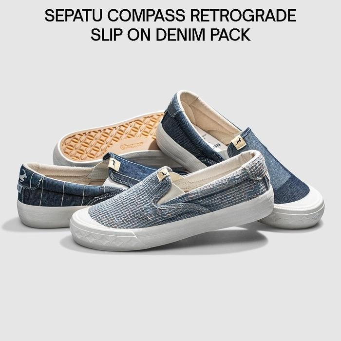 Sepatu Compass Retrograde Slip On Washed Denim Pack Original Sneakers Casual Pria Wanita Bisa Pakai 