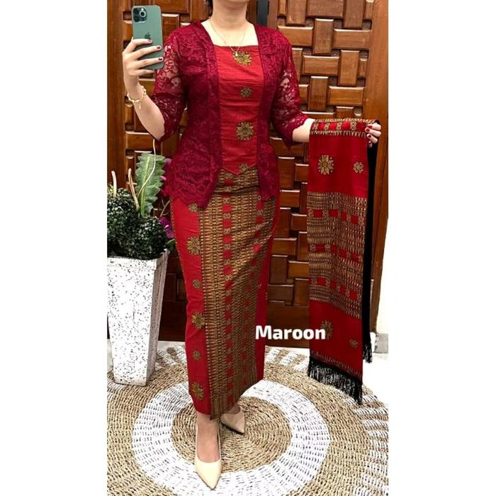 Stelan Rok dan Blus Panjang Mix Renda + Slendang Motif Ulos Batak / Stelan Pesta Premium / Stelan Wa