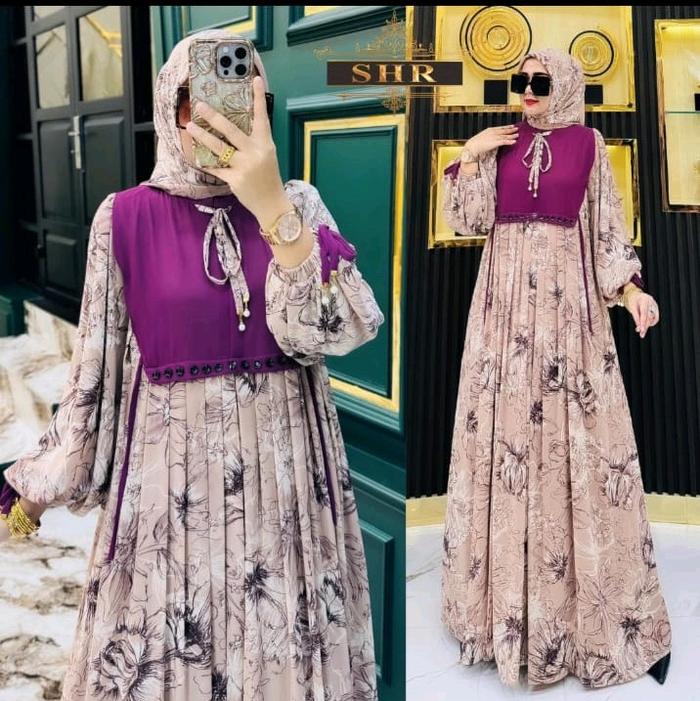 SHR one set hijab gamis cruty motif kombinasi lengan balon plisket