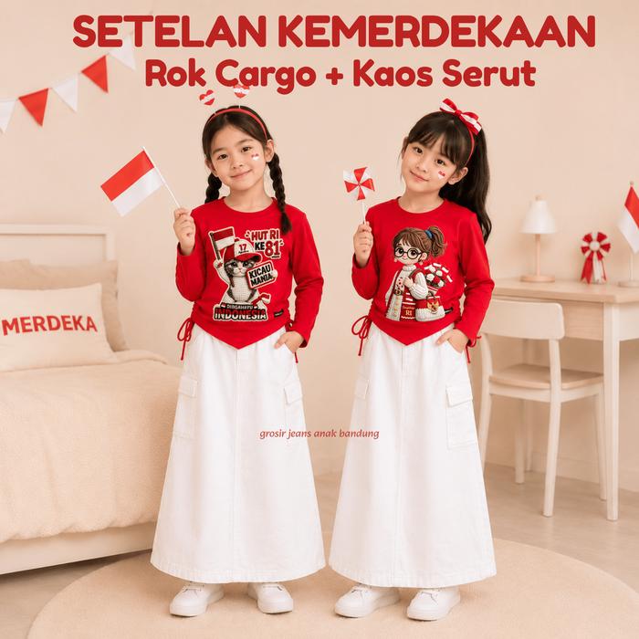 SETELAN KEMERDEKAAN ANAK PEREMPUAN USIA 2-12 TAHUN / ROK CARGO JEANS ANAK CEWEK WARNA PUTIH TULANG /