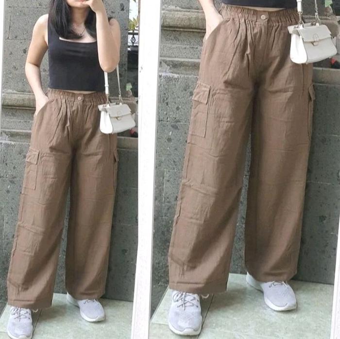 Celana Wanita Kulot Kargo Panjang Kekinian Linen Crinkle Dewasa Ukuran Standar & JUMBO Panjang 100 c