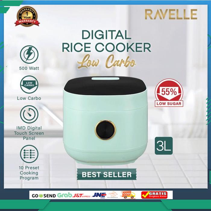 Ravelle Digital Rice Cooker Low Carbo 3L (1.2L Nasi) - Ocean Green bodi mewah mantap