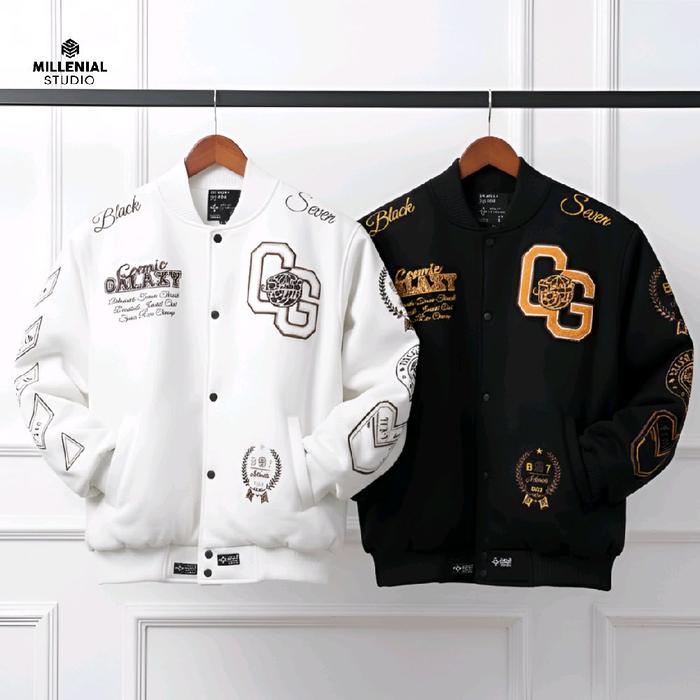 Varsity Jacket Cosmic Galaxy Full White Blackseven | Jaket Couple Pria Wanita | JAKET BASEBALL COTTO