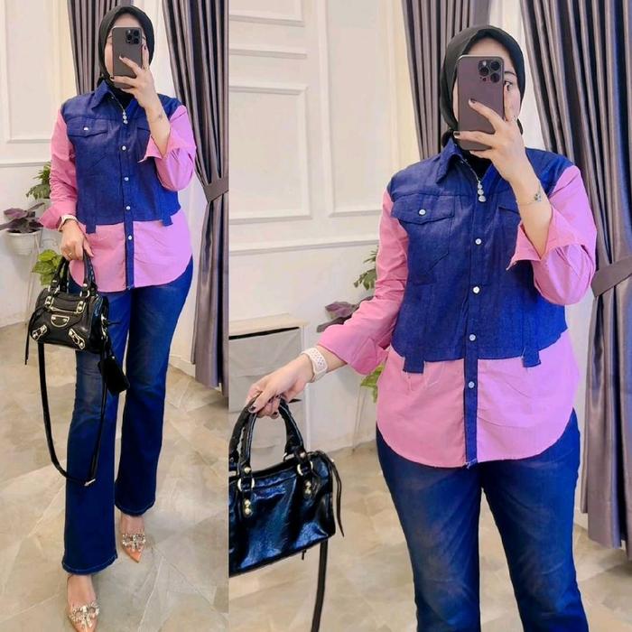 Wholesale Grace Lee Pgmta kemeja wanita katun kombinasi denim minimal order 6pcs seri warna Atasan