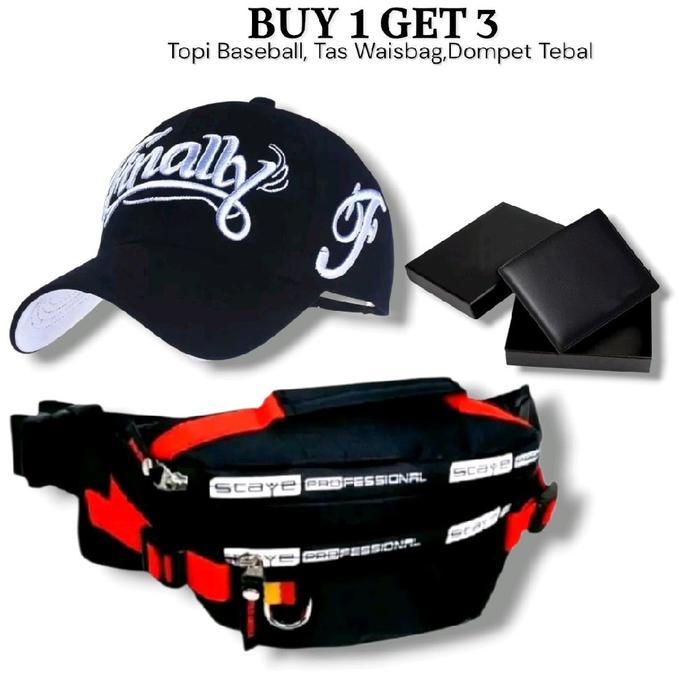 HEMAT BUNDLING 1 PAKET ISI 3 ITEM,DAPATKAN TAS WAISBAG RING D PRIA,DOMPET,KACAMATA HITAM,TOPI BASEBA