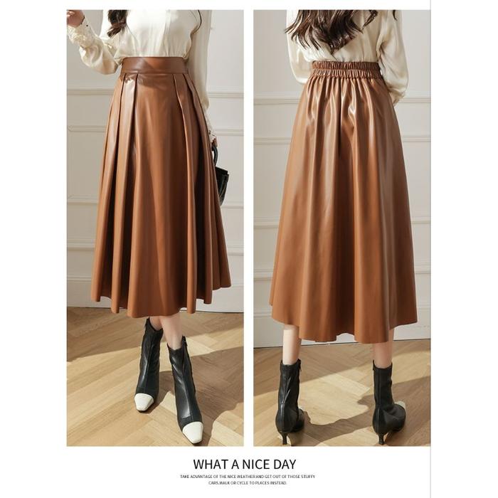 Rok kulit casual /leather skirt midi umbrella/pinggang karet/leather skirt/rok kulit wanita/rok kuli