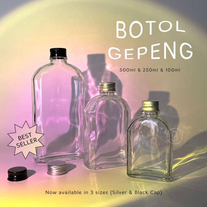 Botol Kaca Pipih untuk Minuman, Tersedia Ukuran 100ml, 250ml, 500ml