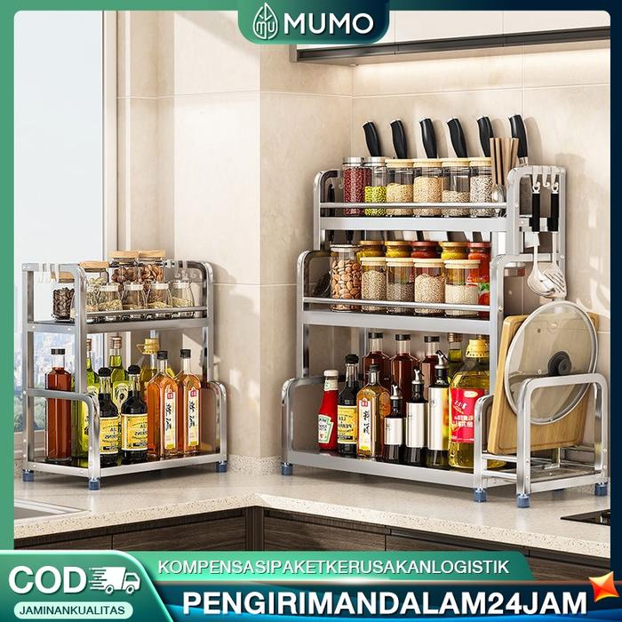 Rak Bumbu Rak Dapur Stainless Steel Rak Meja Makan Serbaguna Rak Bumbu 3 Susun